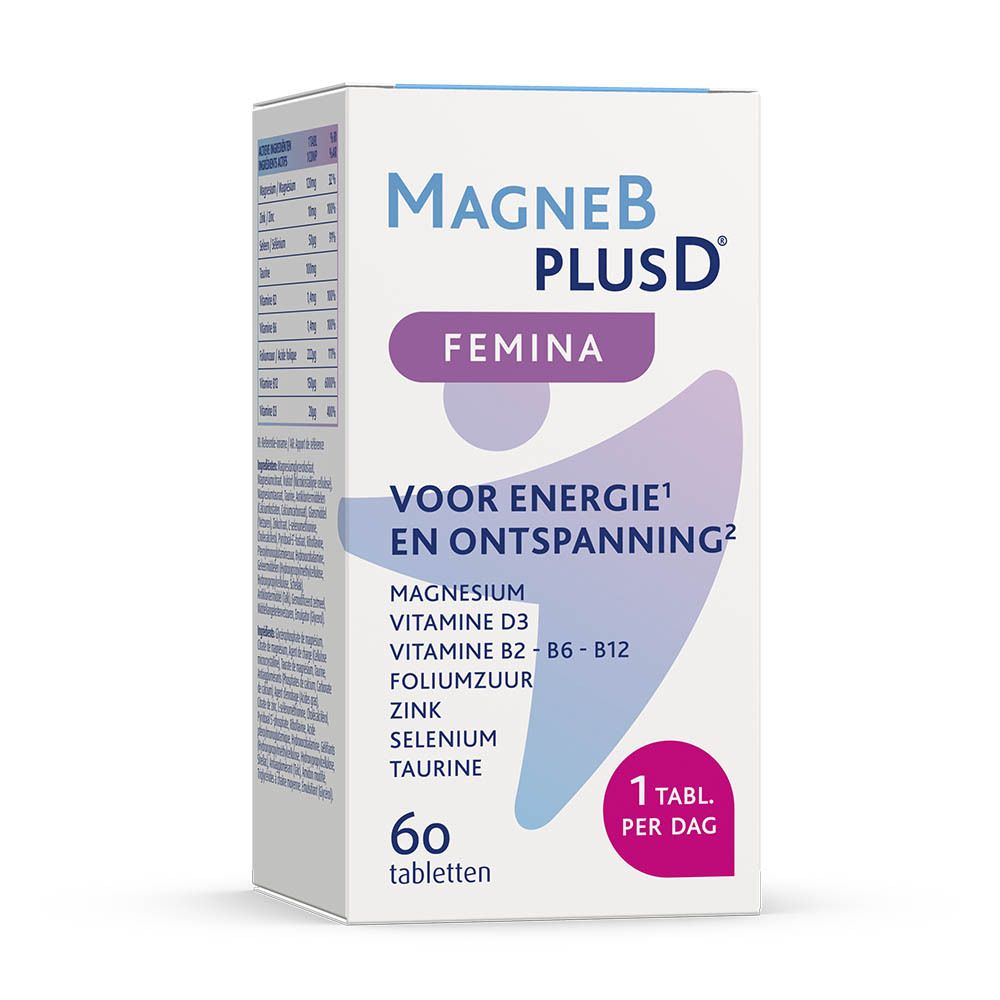 Doos MagneB PlusD Femina. Bevat 60 tabletten. Ingrediënten: Magnesium, Vitamine D3, B2-B6-B12, Foliumzuur, Zink, Selenium, Taurine.