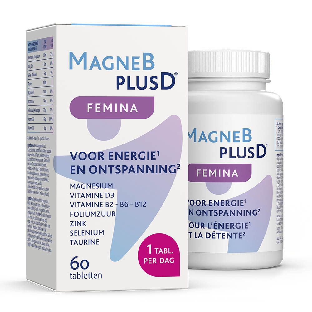 Doos en fles MagneB PlusD Femina. Opschrift: Voor energie en ontspanning. 60 tabletten. Ingrediënten.