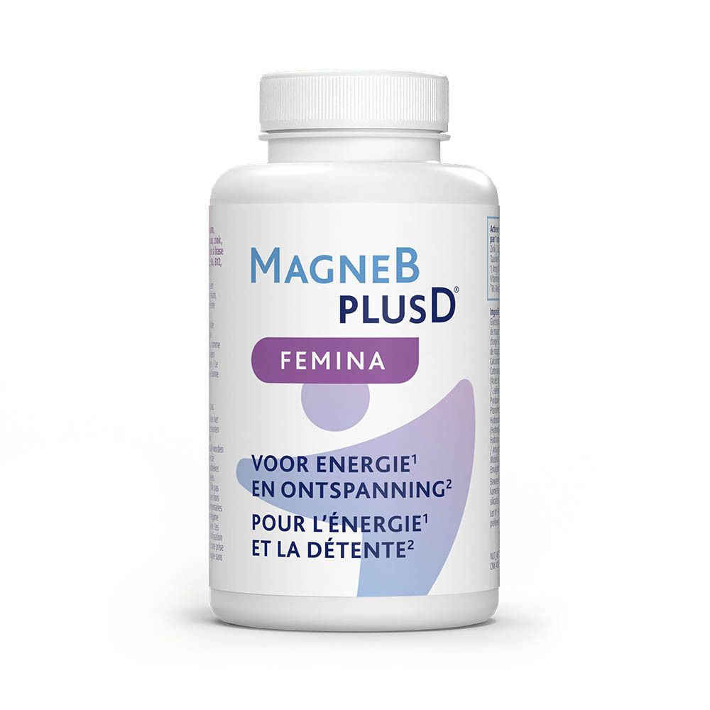Witte fles met dop. Opschrift: MagneB PlusD Femina. Tekst: Voor energie en ontspanning.