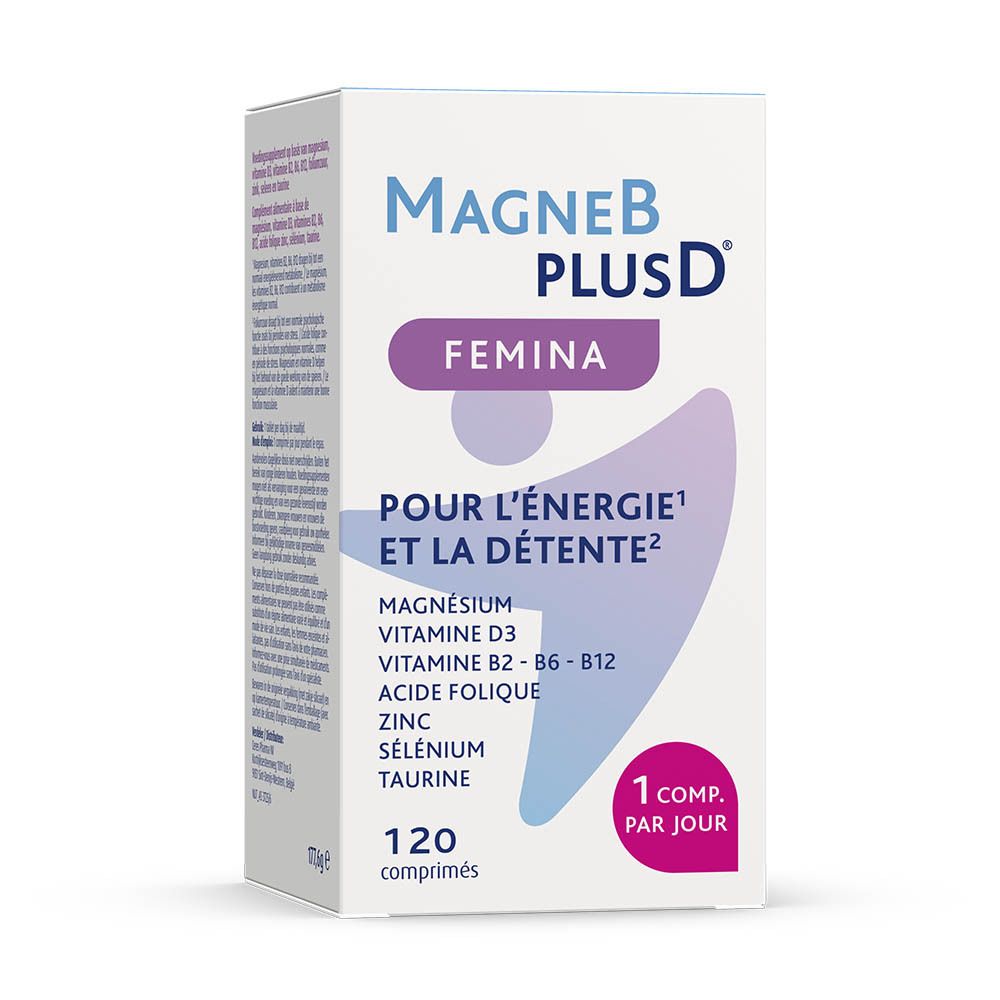 Boîte blanche avec inscription: MagneB PlusD Femina. Texte: Pour l'énergie et la détente. 120 comprimés.