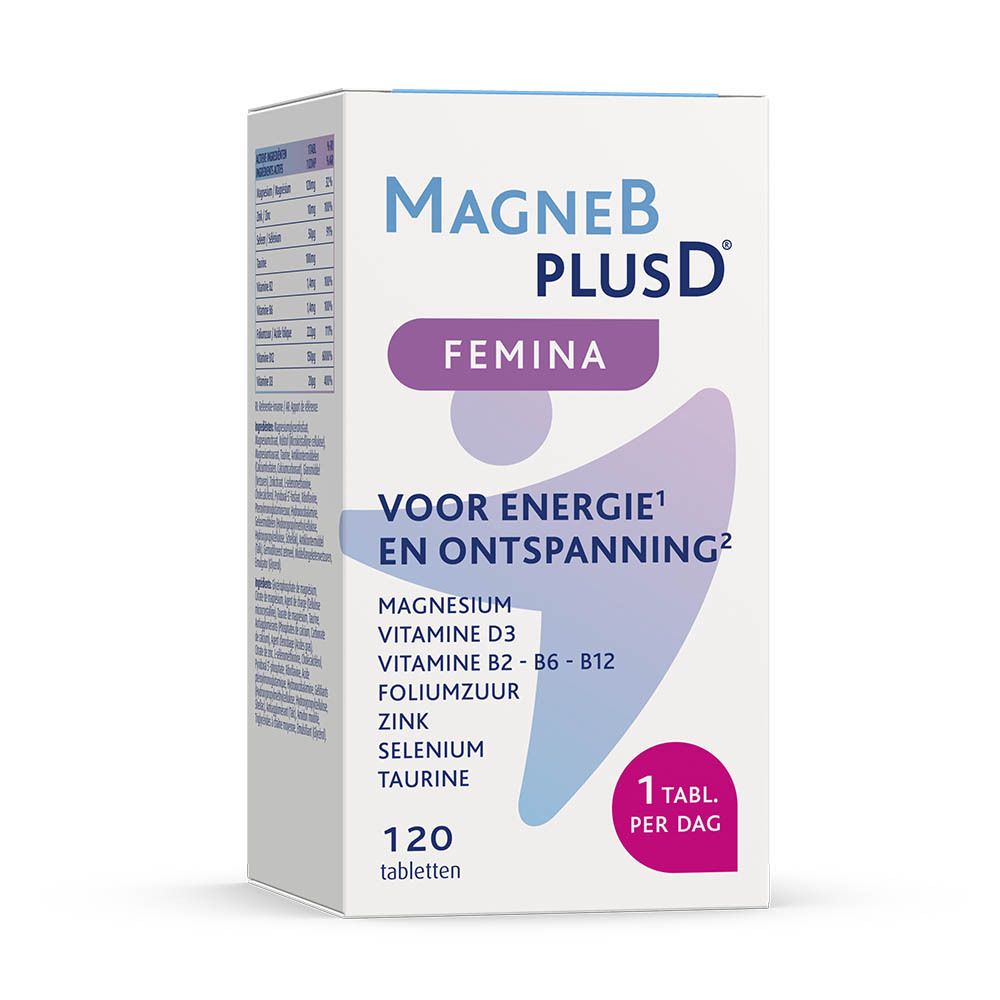 Witte doos met opschrift: MagneB PlusD Femina. Tekst: Voor energie en ontspanning. 120 tabletten.