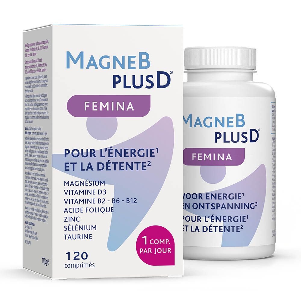 Emballage du produit avec flacon et boîte. Inscription: MagneB PlusD Femina. Texte: Pour l'énergie et la détente.