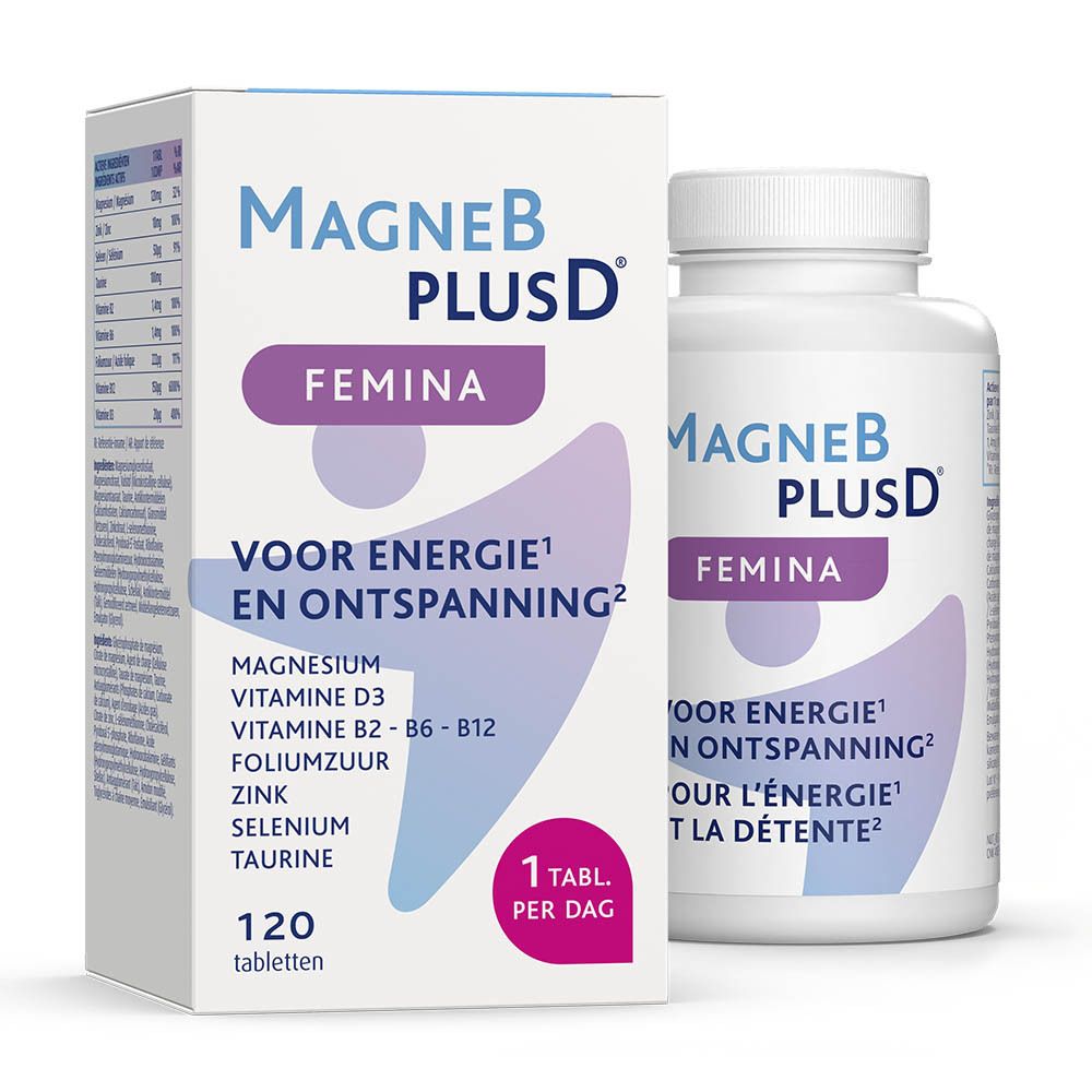Productverpakking met fles en doos. Opschrift: MagneB PlusD Femina. Tekst: Voor energie en ontspanning.