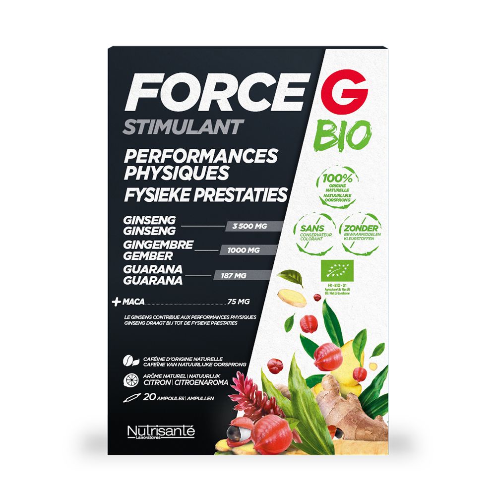 Face avant boîte "FORCE G BIO Stimulant". Contient ginseng, gingembre, guarana et maca. Bio.