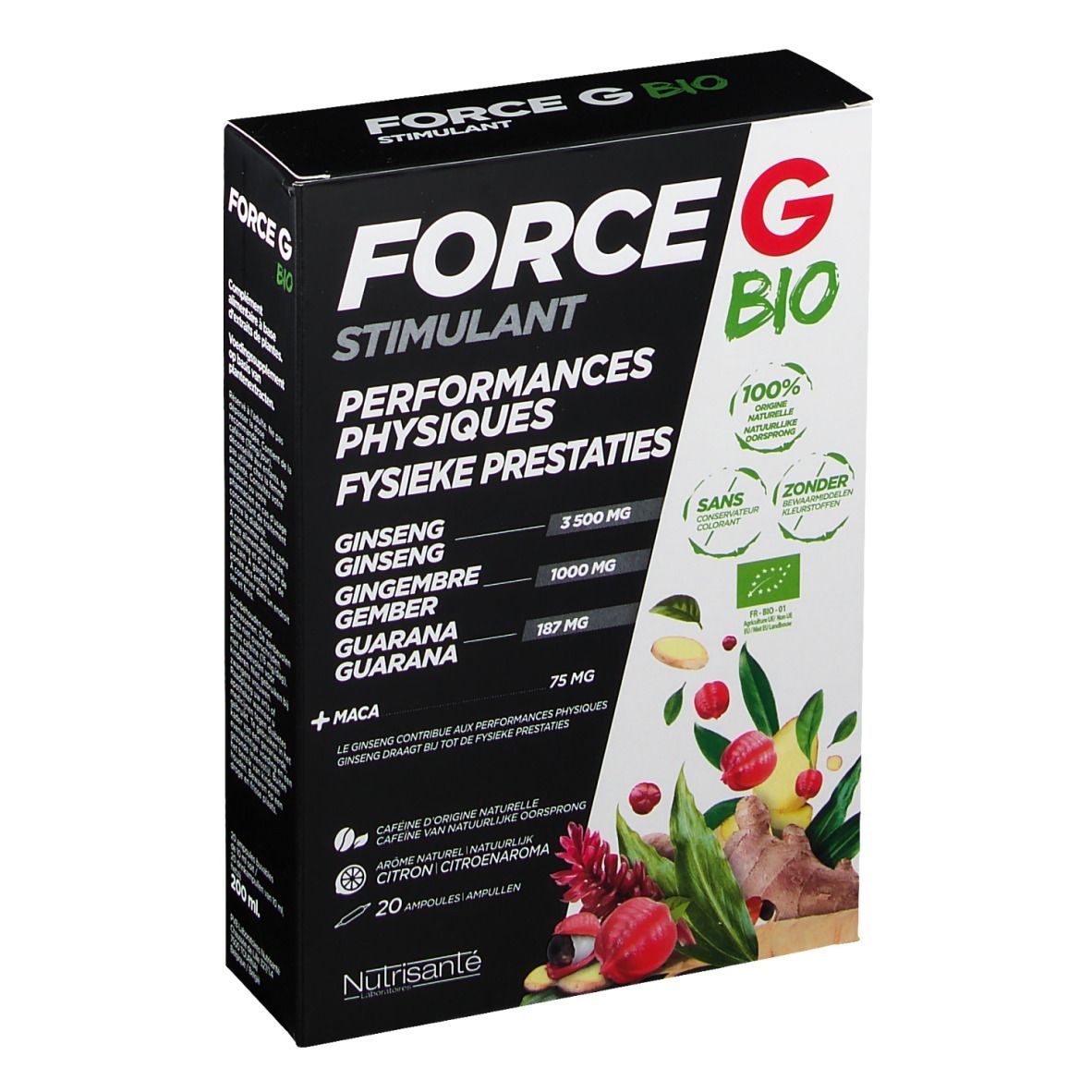 Boîte "FORCE G BIO Stimulant". Contient ginseng, gingembre, guarana et maca. Label bio visible.
