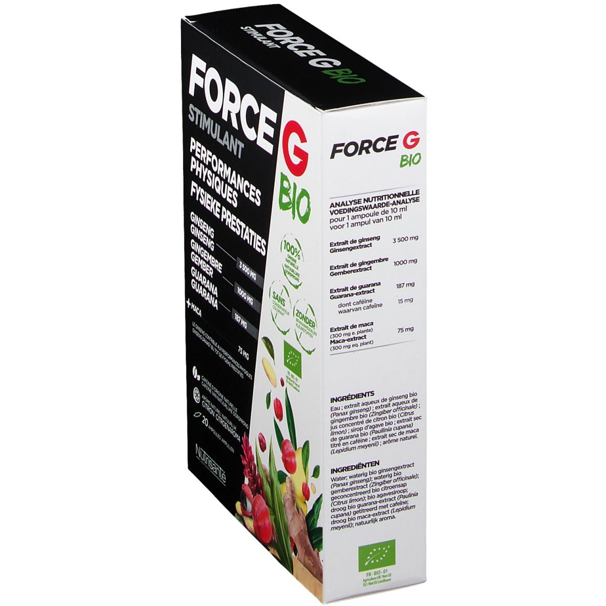 Boîte "FORCE G BIO Stimulant" en biais. Contient ginseng, gingembre, guarana et maca. Label bio.