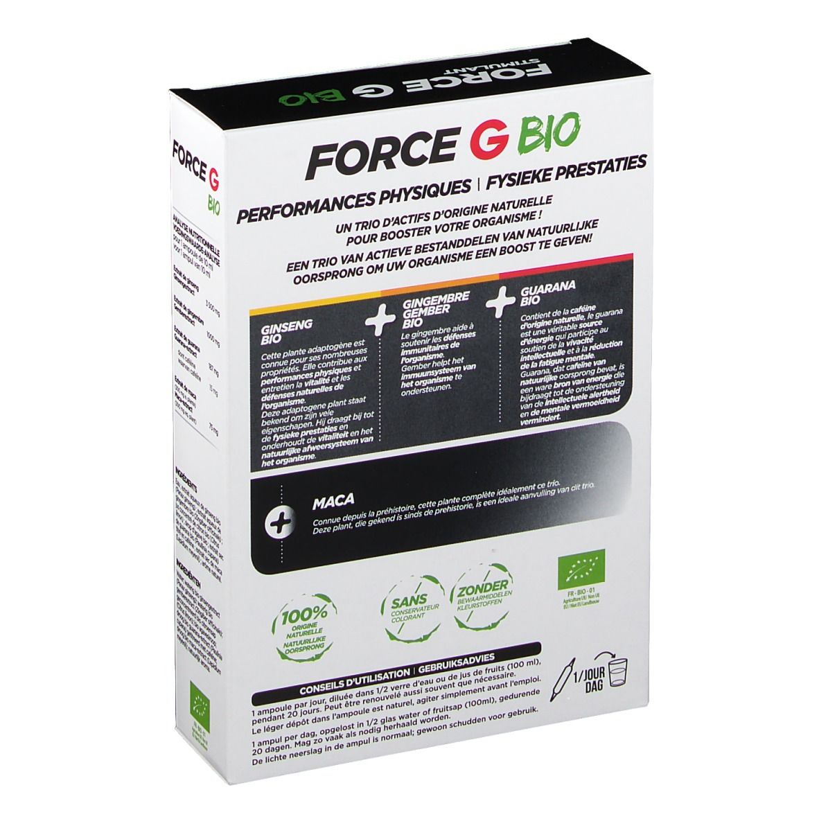 Dos de la boîte "FORCE G BIO Stimulant". Texte sur ingrédients et utilisation. Label bio.