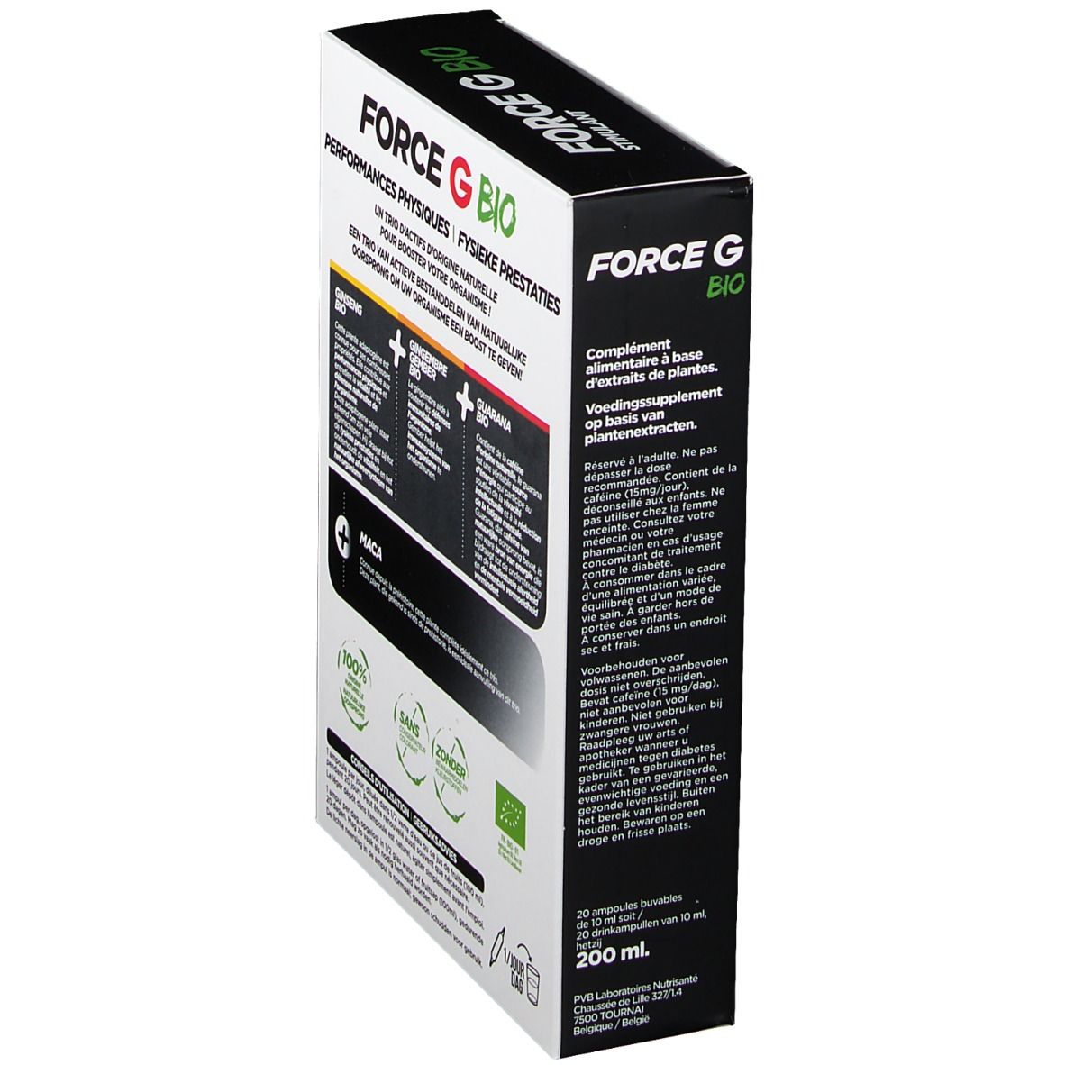 Boîte "FORCE G BIO Stimulant" en biais. Texte sur ingrédients et utilisation. Label bio.