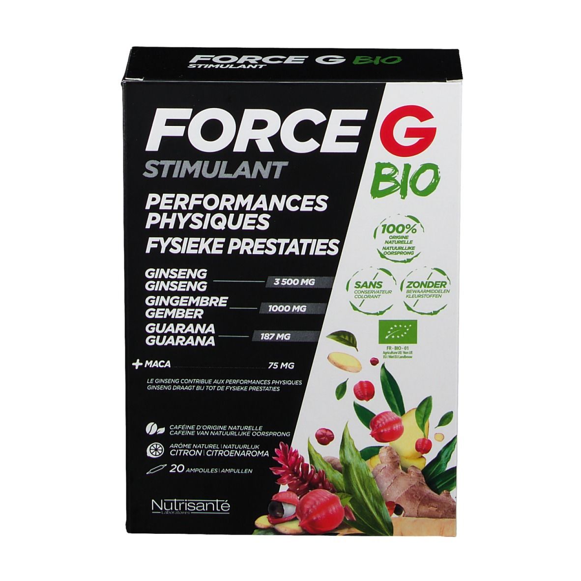 Face avant boîte "FORCE G BIO Stimulant". Contient ginseng, gingembre, guarana et maca. Bio.