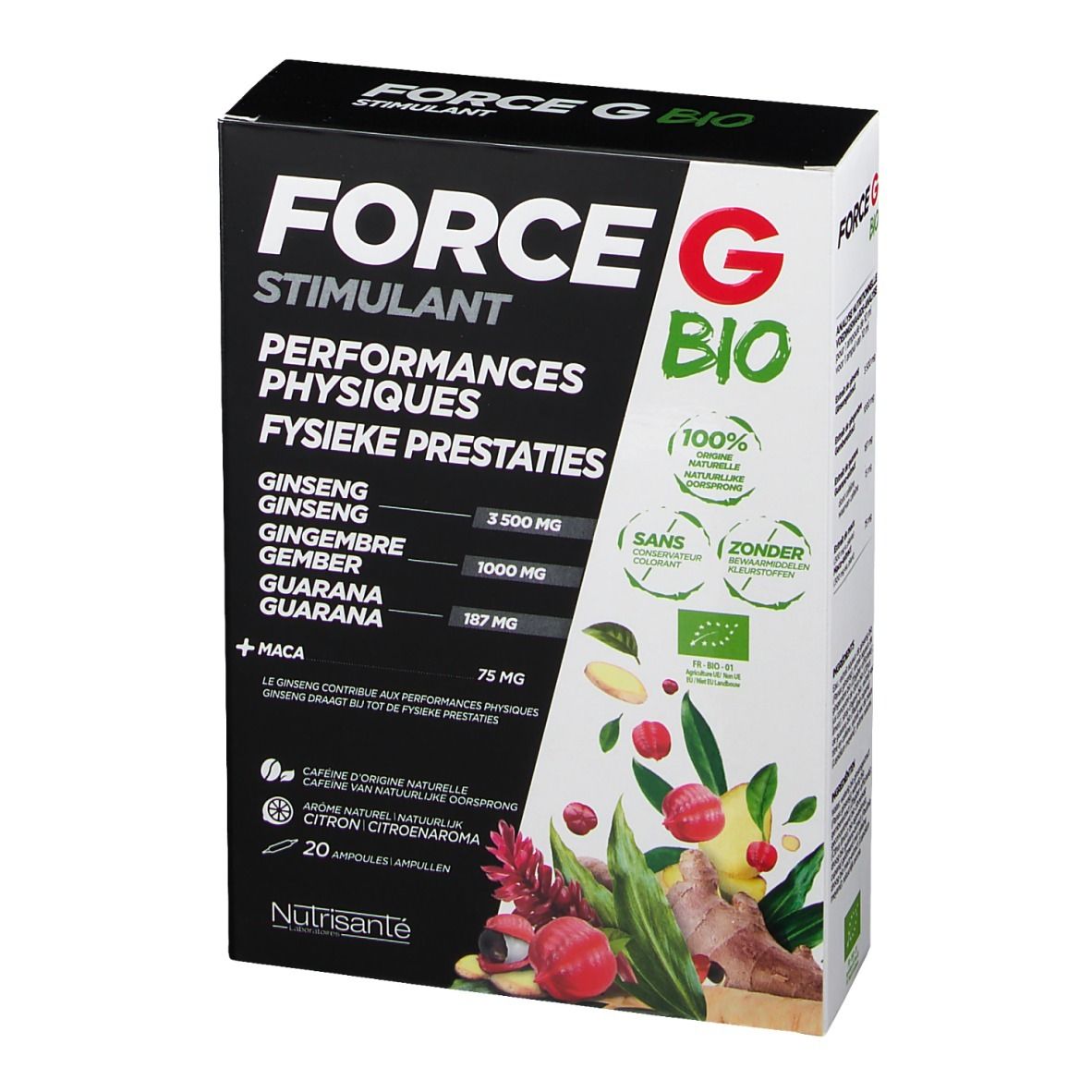 Face avant boîte "FORCE G BIO Stimulant". Contient ginseng, gingembre, guarana et maca. Bio.