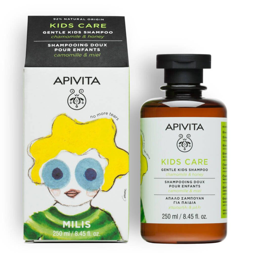 APIVITA KIDS CARE Shampoo, Flasche und Verpackung. Illustration eines Kindes. Text: Kamille & Honig.