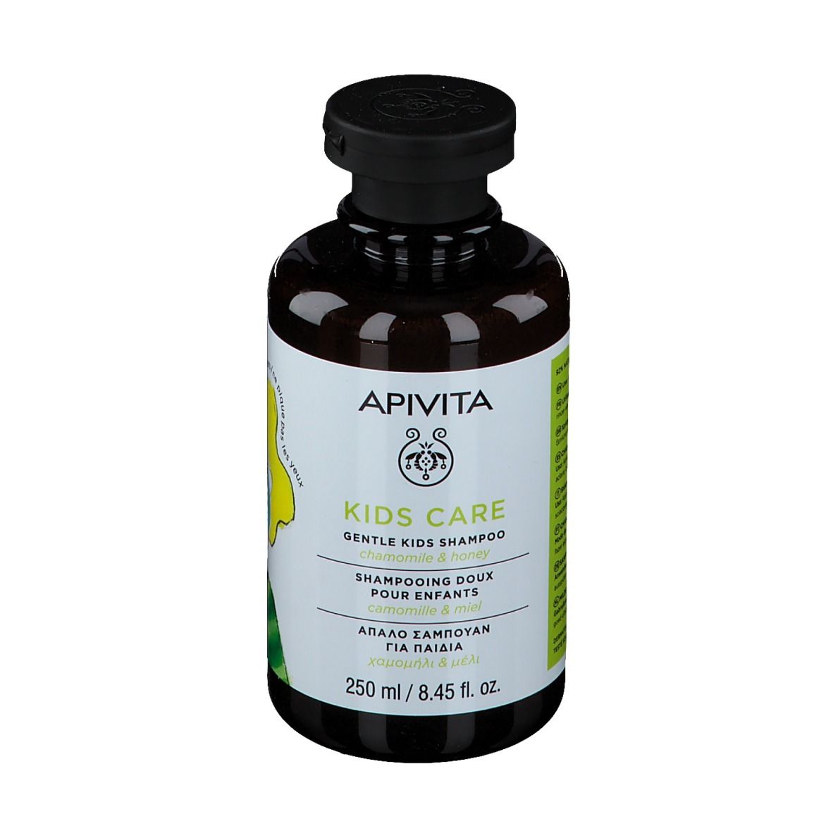 APIVITA KIDS CARE Shampoo-Flasche. Schwarzer Deckel, braune Flasche. Text: KIDS CARE, Kamille & Honig.