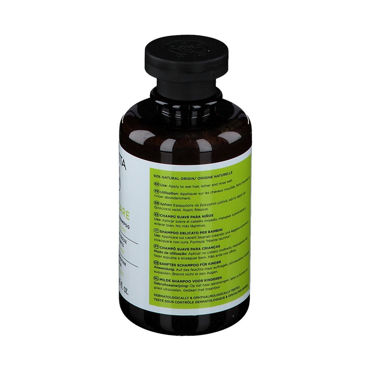 APIVITA KIDS CARE Shampoo-Flasche. Rückseite mit Text. Text: 92% natürlichen Ursprungs, Anwendungshinweise.