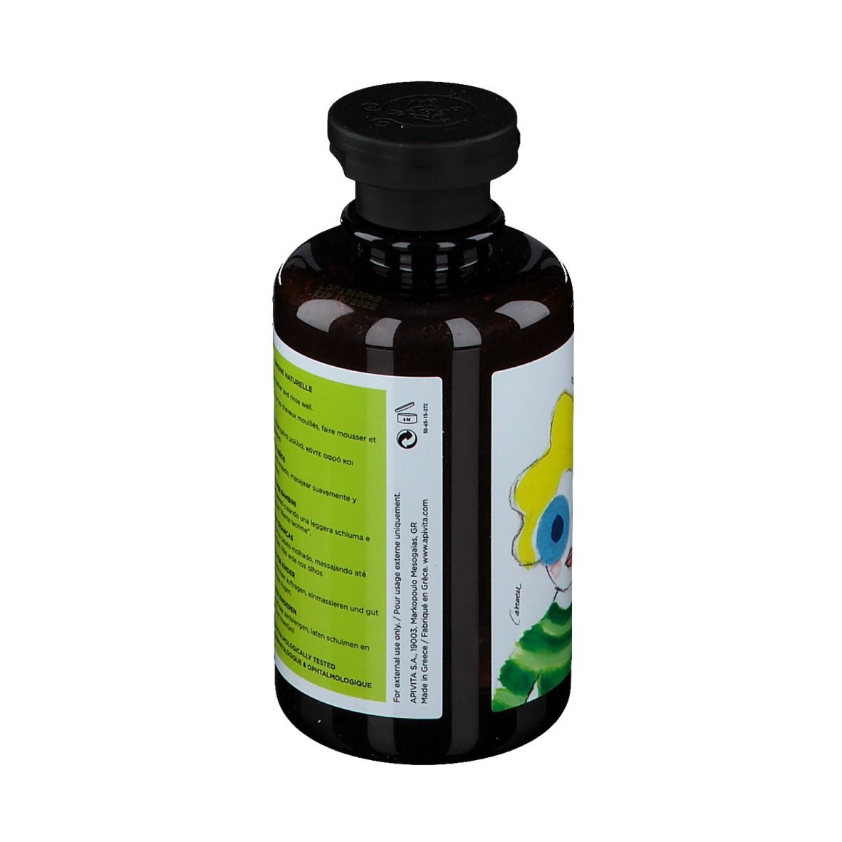 APIVITA KIDS CARE Shampoo-Flasche. Seite mit Text und Illustration. Text: Anwendungshinweise, Illustration.