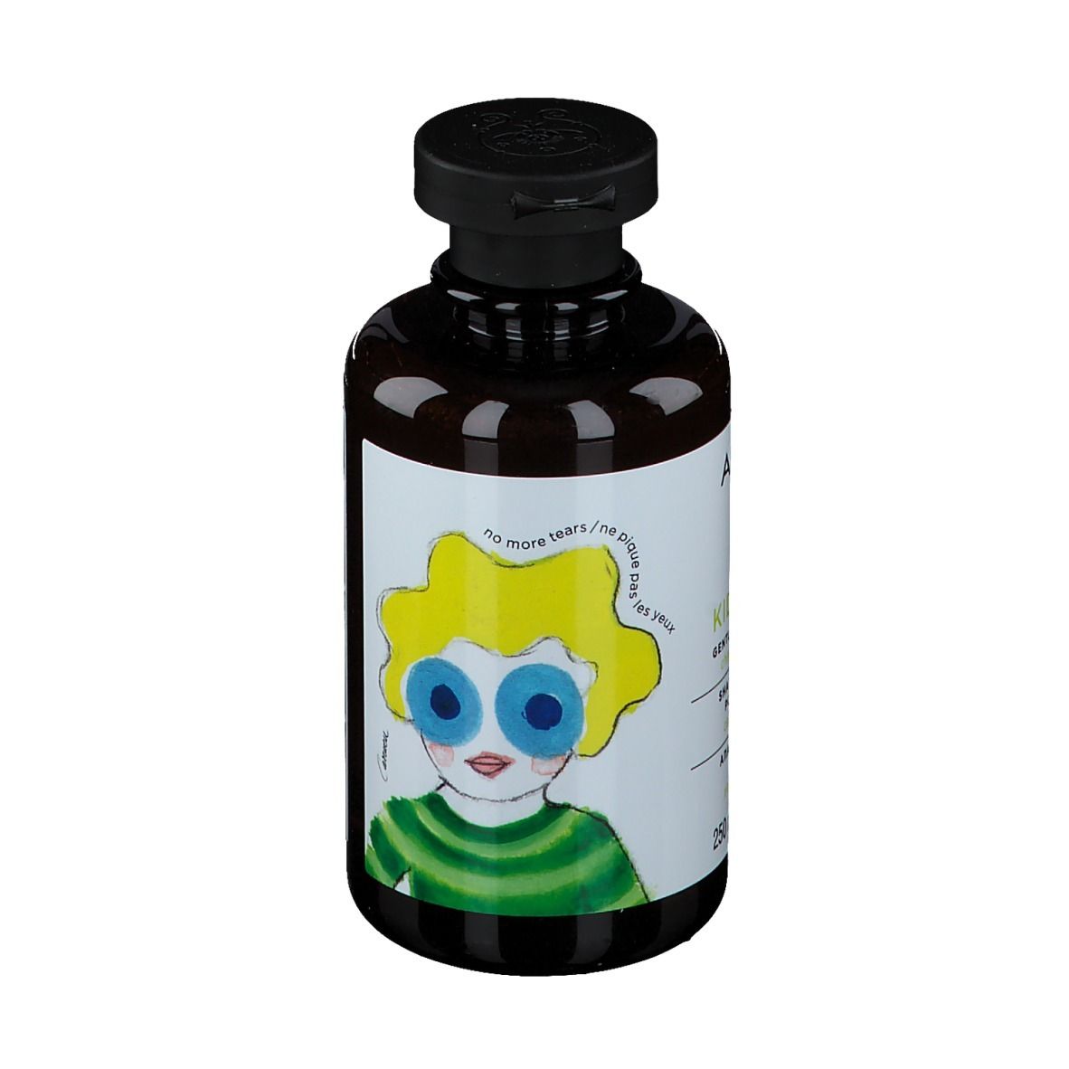 APIVITA KIDS CARE Shampoo-Flasche. Vorderseite mit Illustration eines Kindes. Text: no more tears.