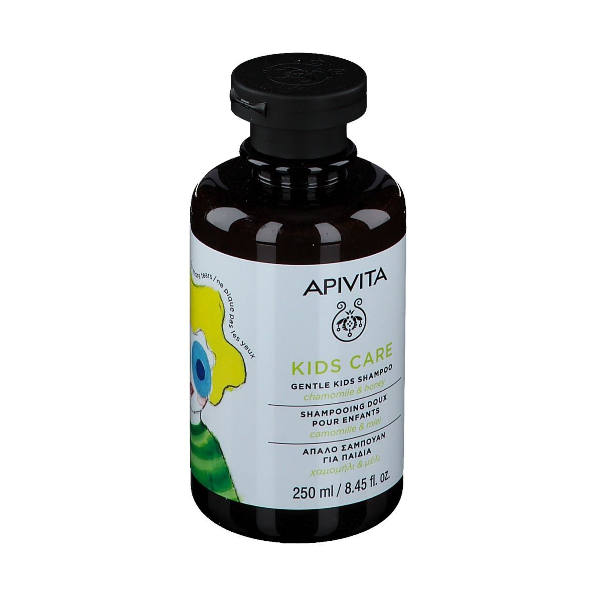 APIVITA KIDS CARE Shampoo-Flasche. Vorderseite mit Text und Illustration. Text: KIDS CARE, Kamille & Honig.