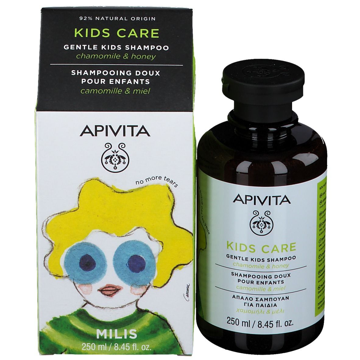 APIVITA KIDS CARE Shampoo, Flasche und Verpackung. Illustration eines Kindes. Text: Kamille & Honig.