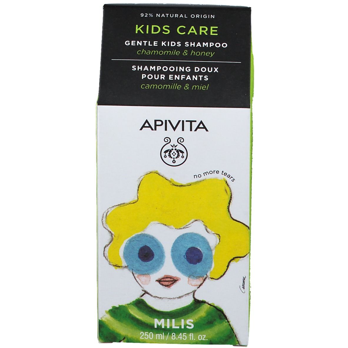 APIVITA KIDS CARE Shampoo Verpackung. Illustration eines Kindes. Text: Kamille & Honig, 250 ml.