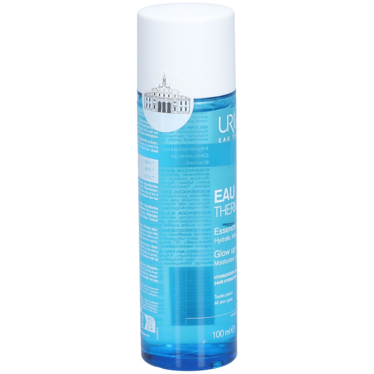 Uriage Eau Thermale Essence d'Eau Éclat. Dos du flacon. Texte et logo.