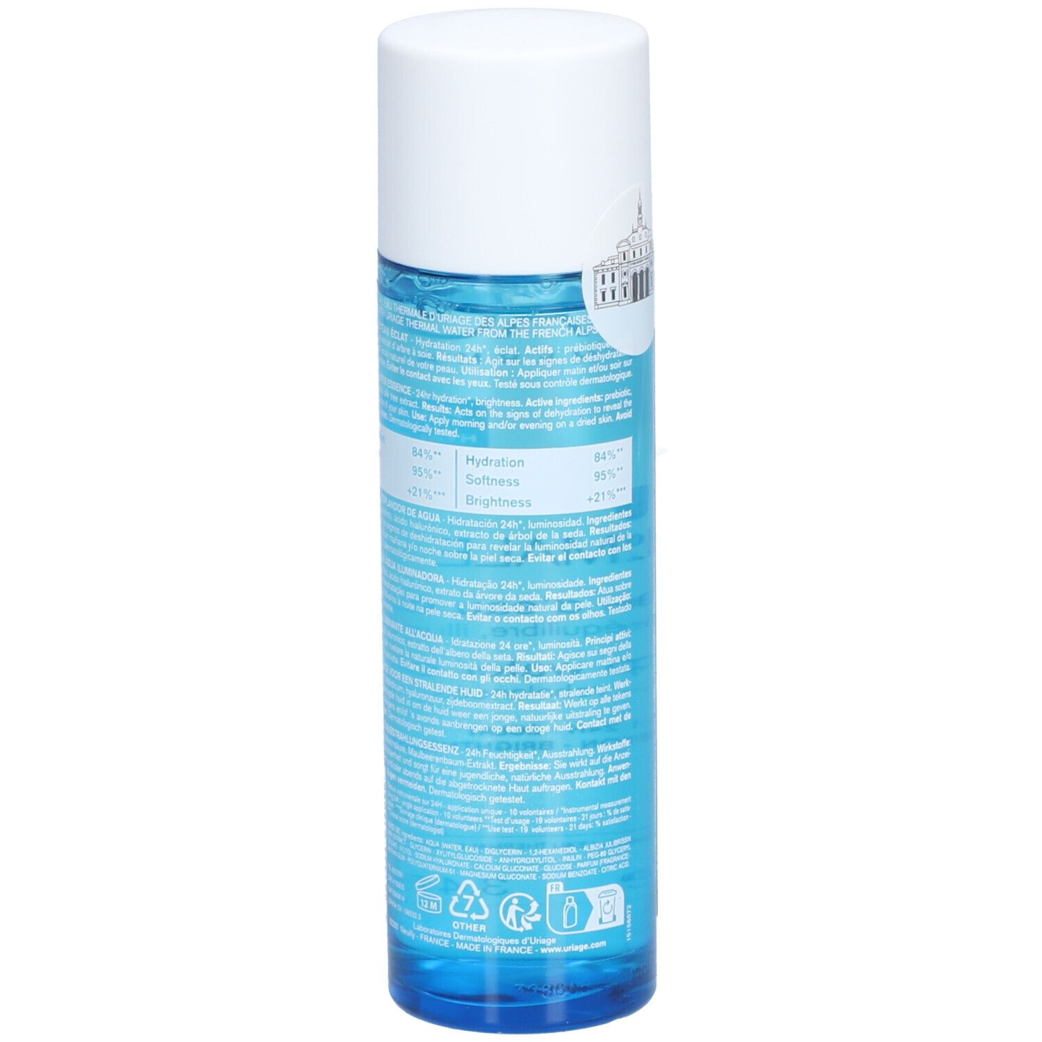 Uriage Eau Thermale Essence d'Eau Éclat. Dos du flacon. Texte et logo.