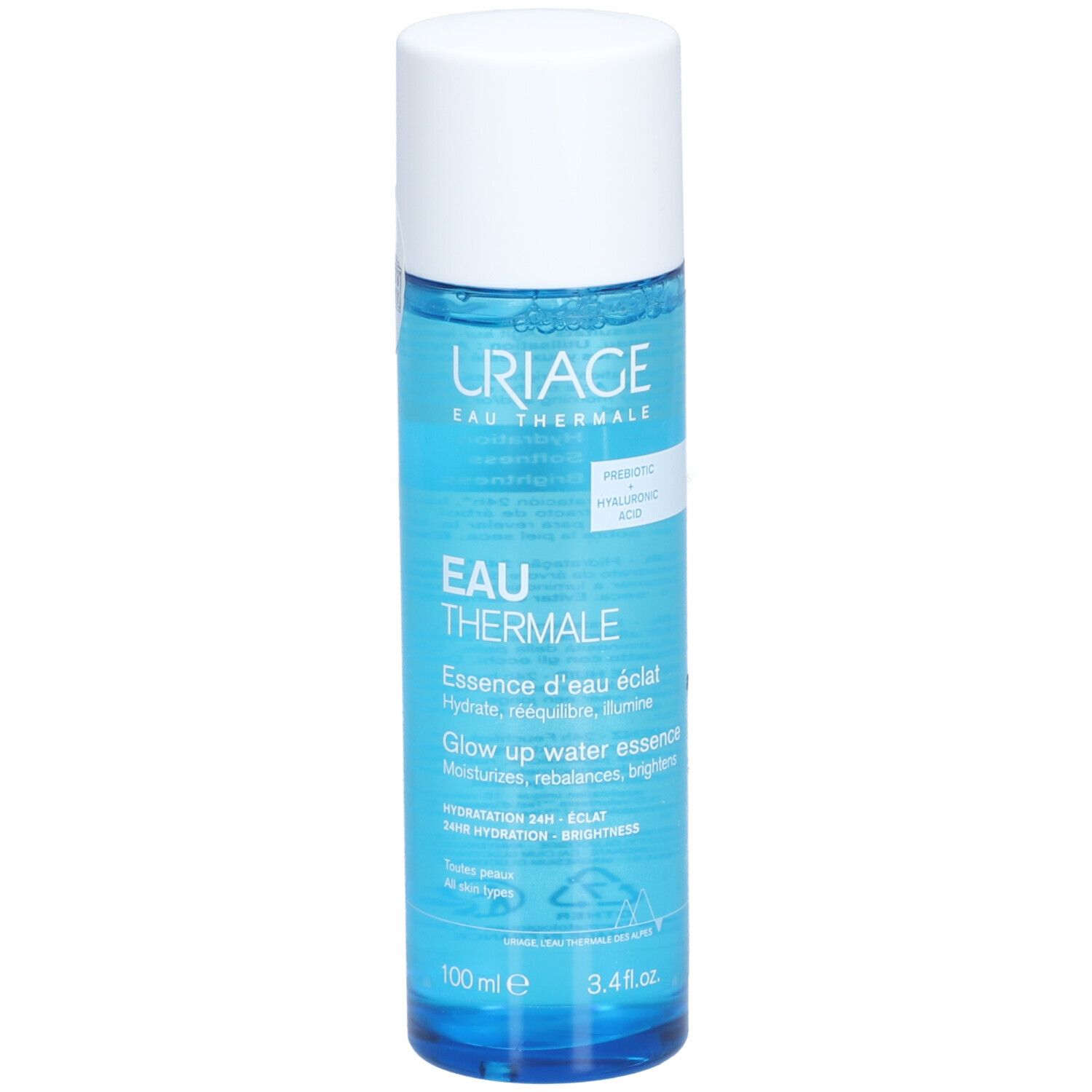 Uriage Eau Thermale Essence d'Eau Éclat. Flacon bleu, bouchon blanc. Texte sur le flacon.