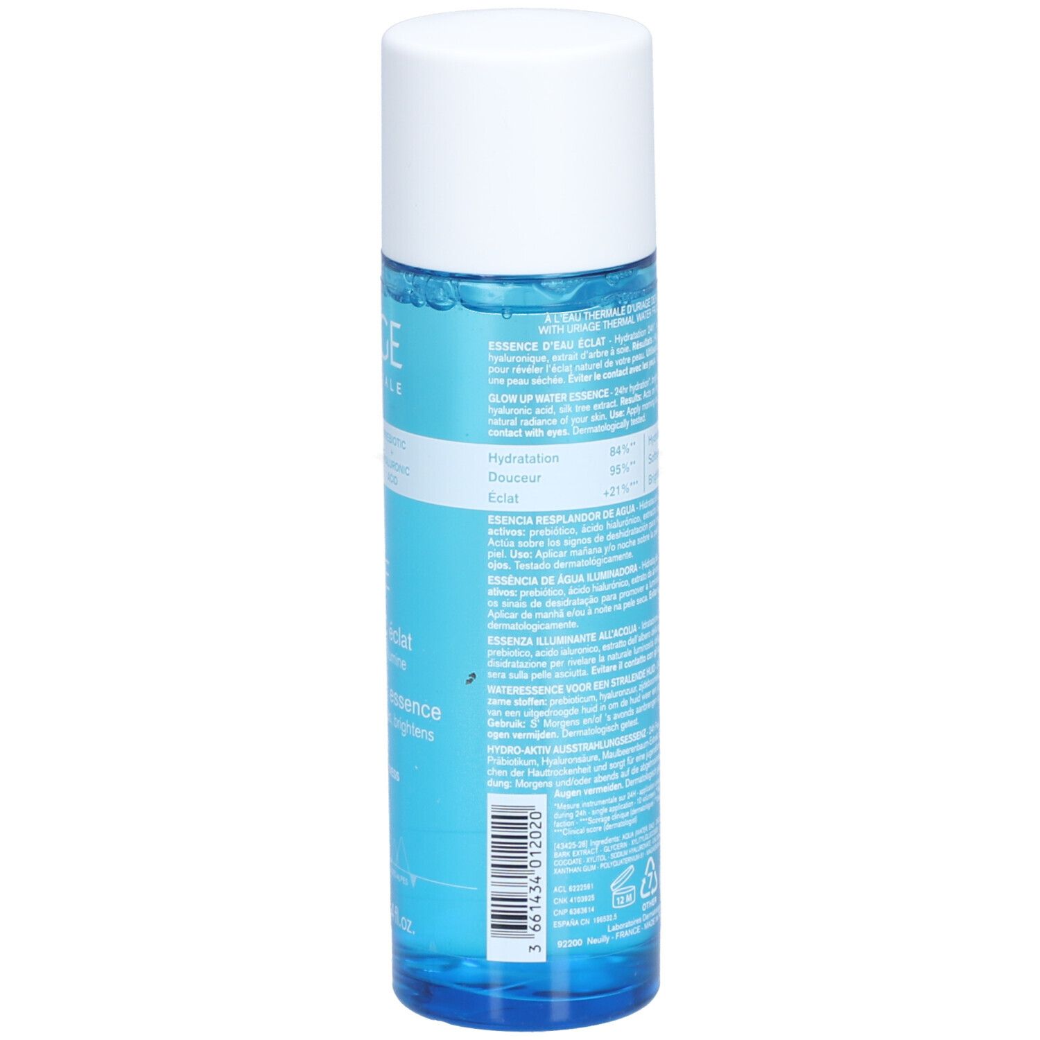 Uriage Eau Thermale Essence d'Eau Éclat. Dos du flacon. Texte et logo.