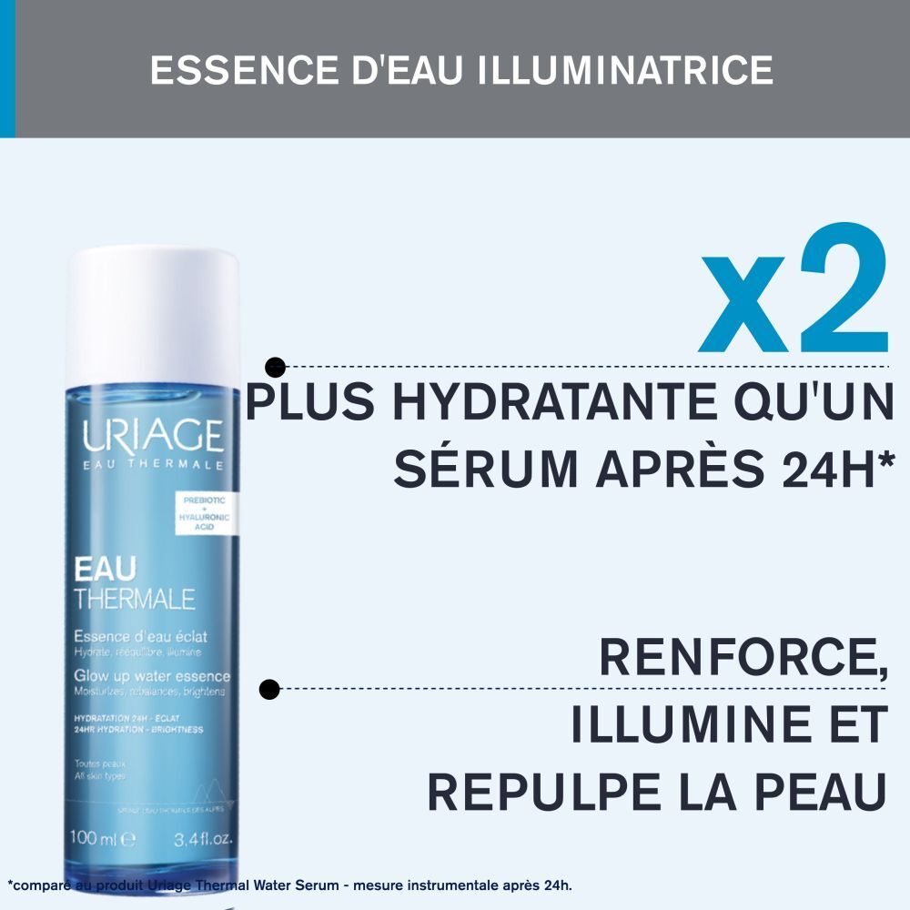 Graphique avec texte. Acide hyaluronique, prébiotiques, extrait de soie, Eau Thermale d'Uriage.