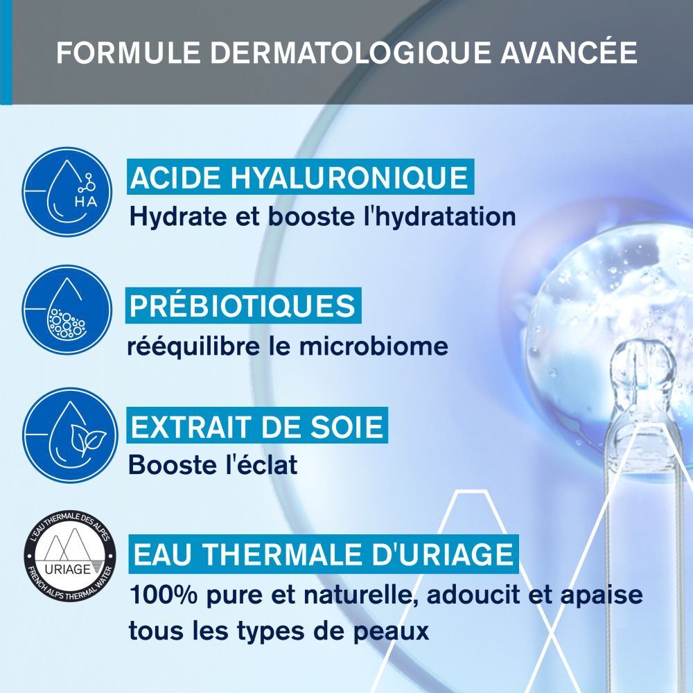 Uriage Eau Thermale Essence d'Eau Éclat. Dos du flacon. Texte.