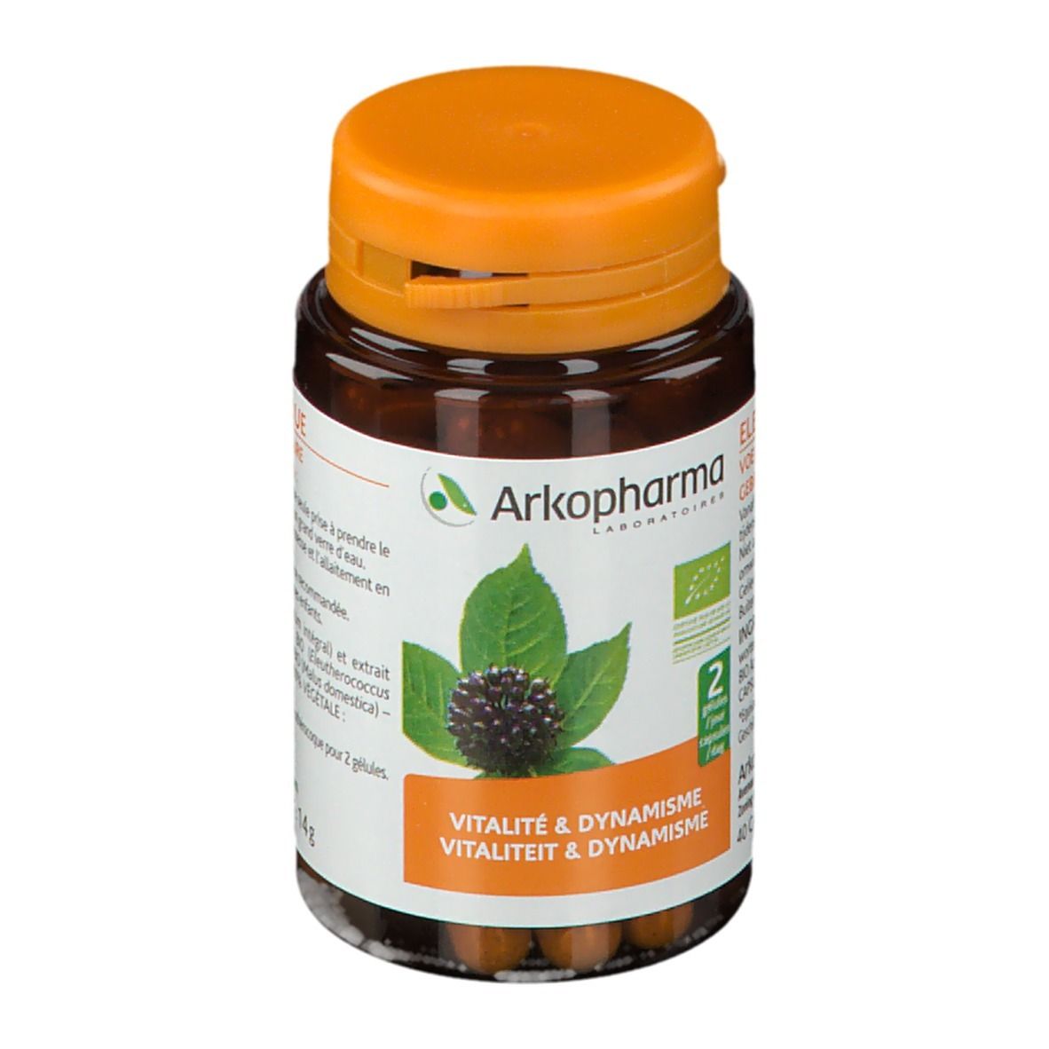 Flacon marron avec bouchon orange. Étiquette avec informations produit et logo Arkopharma. Inscription : Vitalité & Dynamisme.