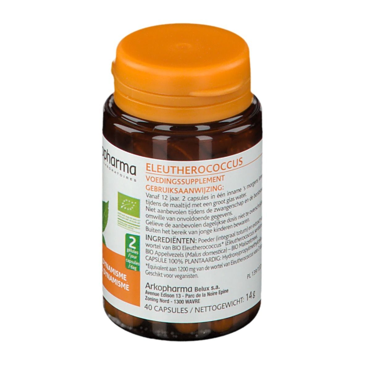 Flacon marron avec bouchon orange. Étiquette avec informations produit et logo Arkopharma. Inscription : Eleutherococcus.
