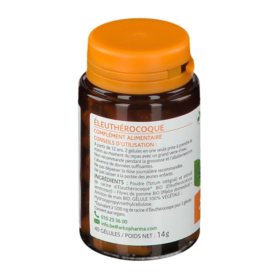 Flacon marron avec bouchon orange. Étiquette avec informations produit et logo Arkopharma. 40 gélules, 14g.