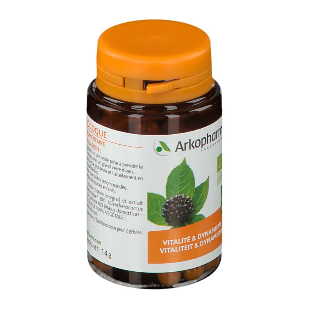 Flacon marron avec bouchon orange. Étiquette avec informations produit et logo Arkopharma. Inscription : Vitalité & Dynamisme.