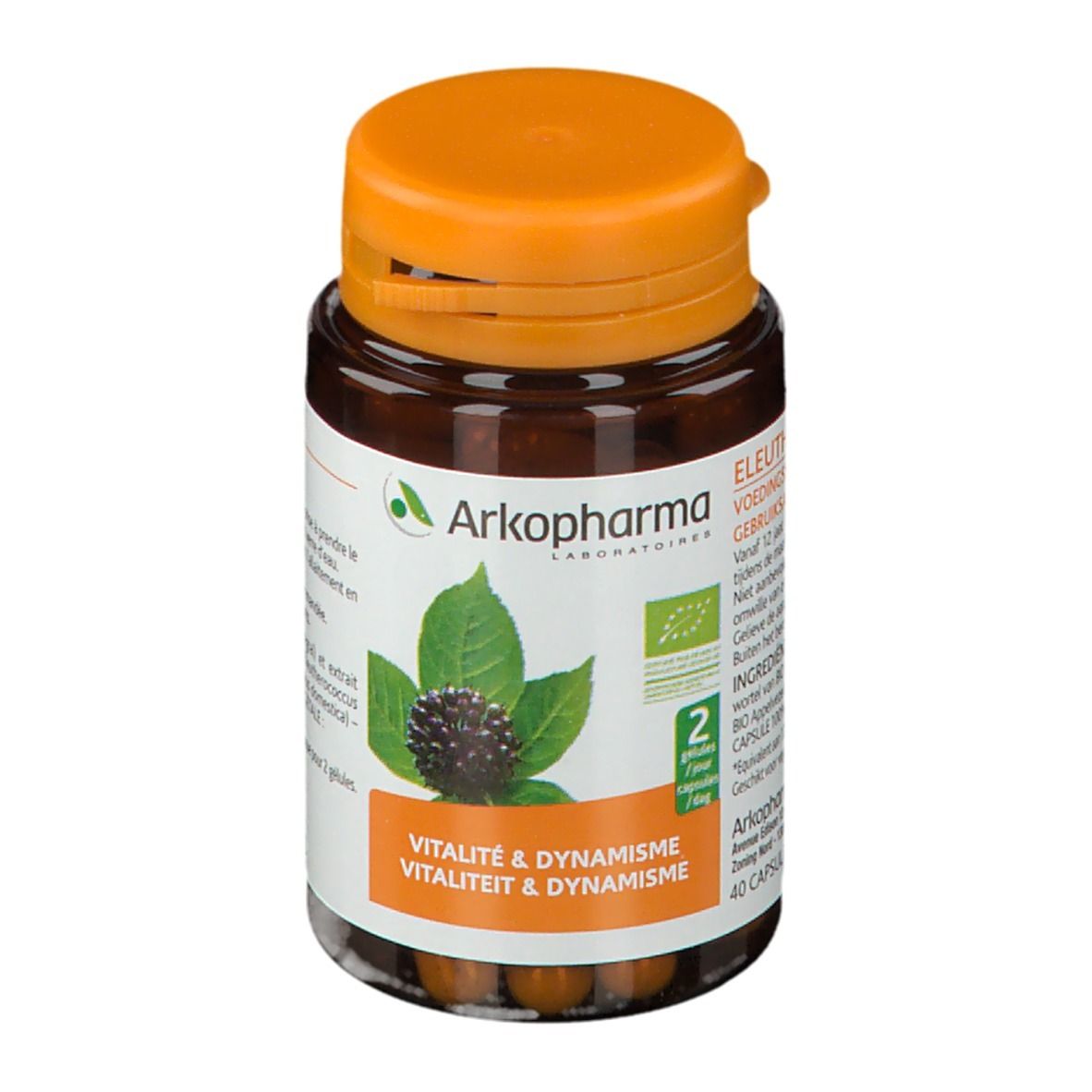 Flacon marron avec bouchon orange. Étiquette avec informations produit et logo Arkopharma. Inscription : Vitalité & Dynamisme.