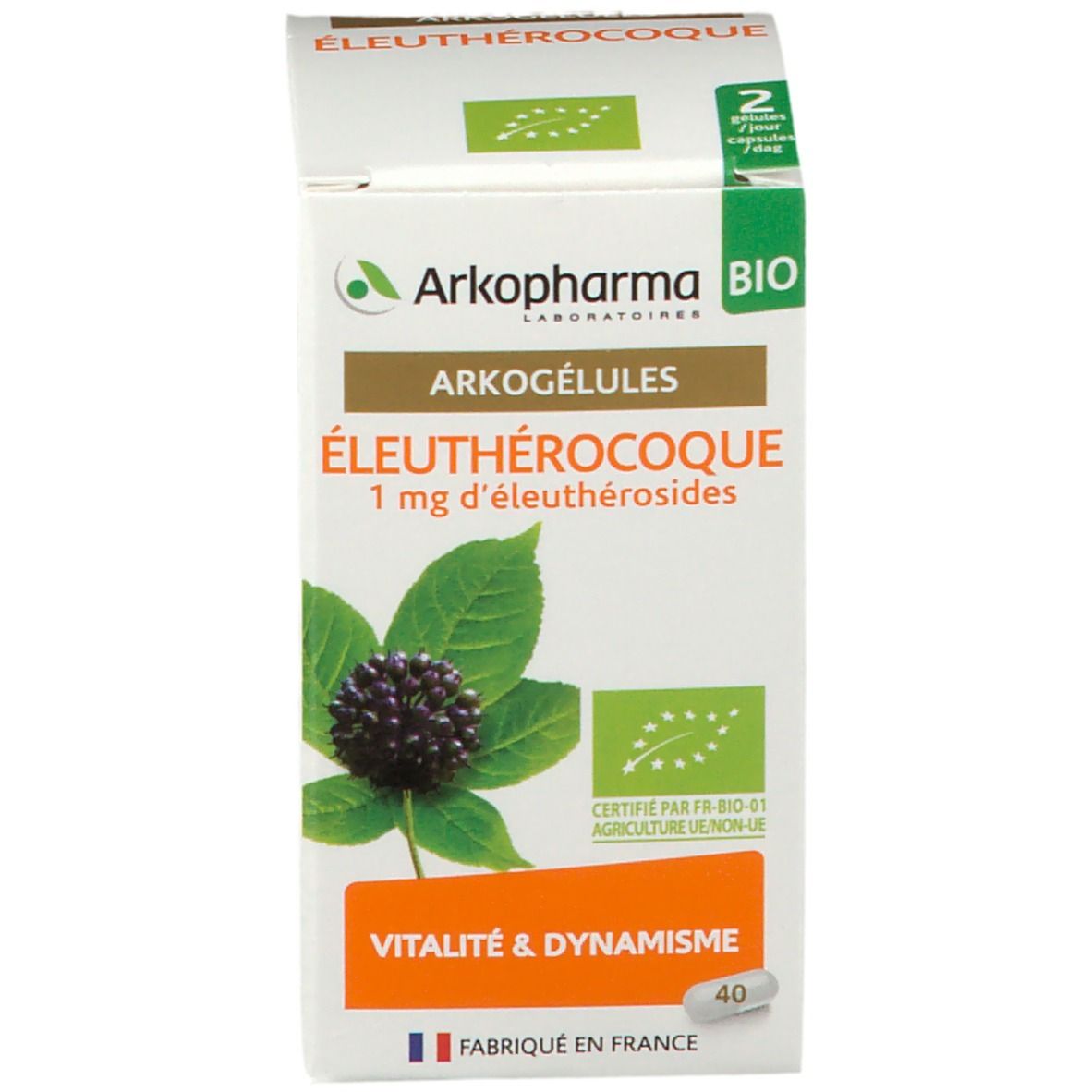 Boîte. Inscription : Arkogélules Éleuthérocoque. 40 gélules. Logo Arkopharma.
