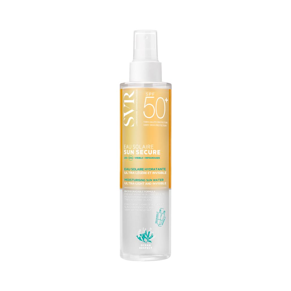 Zonnebrandwater met verstuiver. Opschrift: SVR SUN SECURE Eau de Solaire LSF 50+.