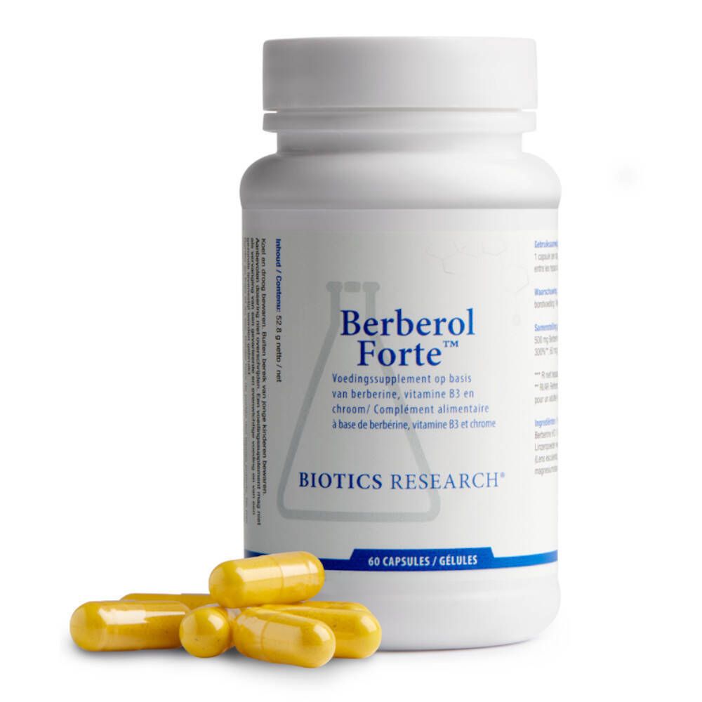 Witte fles "Berberol Forte" met gele capsules ernaast. Merk BIOTICS RESEARCH.