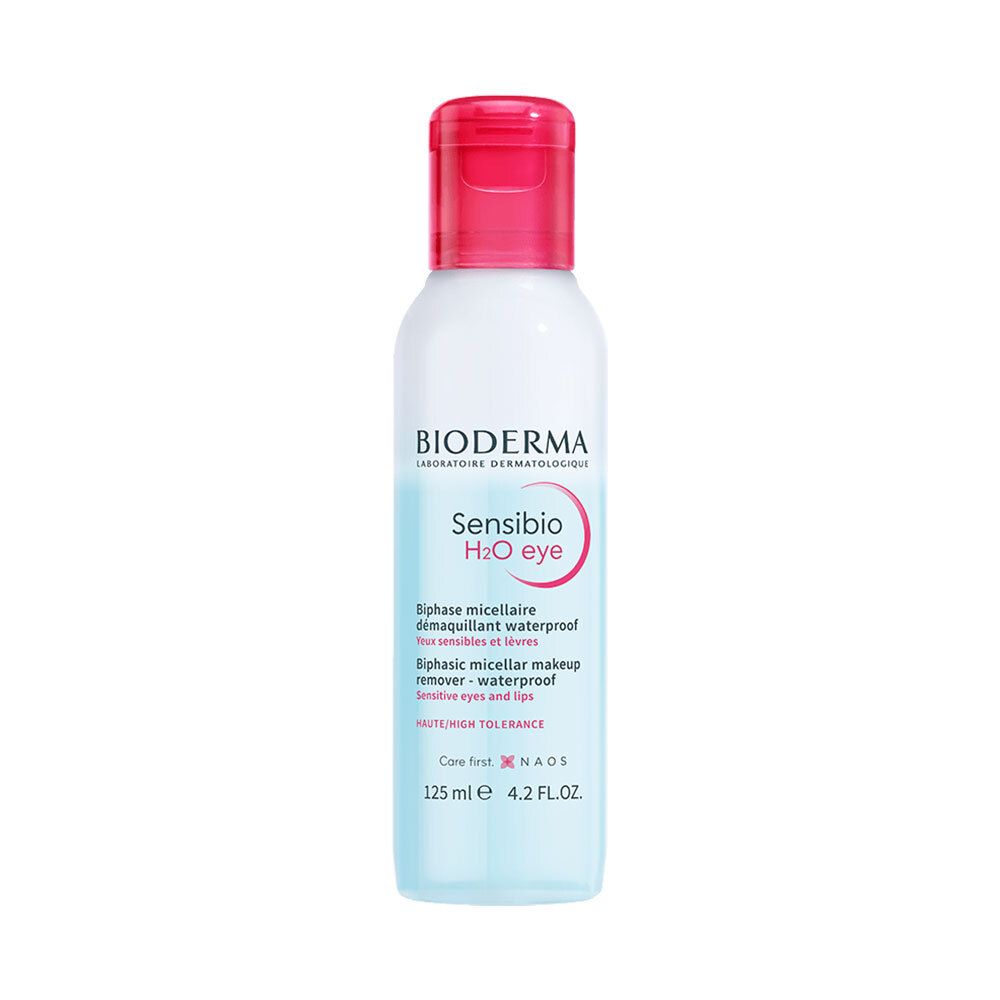 Bioderma Sensibio H2O eye. Fles met rode dop. Blauwe en witte vloeistof. Tekst.