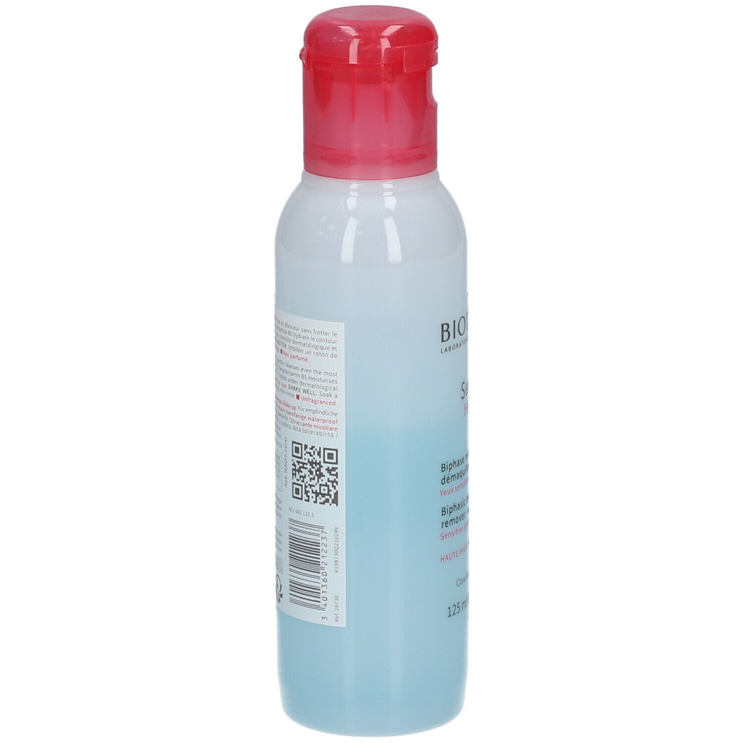 Bioderma Sensibio H2O eye. Fles met rode dop. Achterkant met tekst en QR-code.