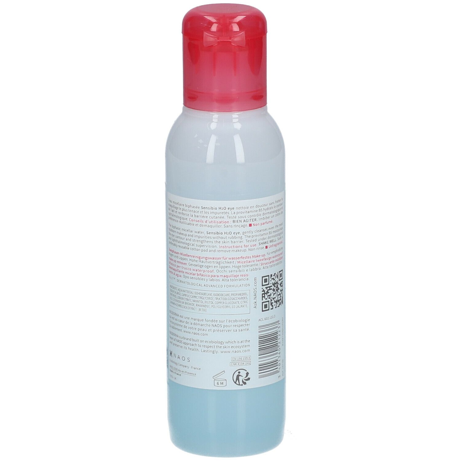 Bioderma Sensibio H2O eye. Fles met rode dop. Achterkant met tekst en QR-code.