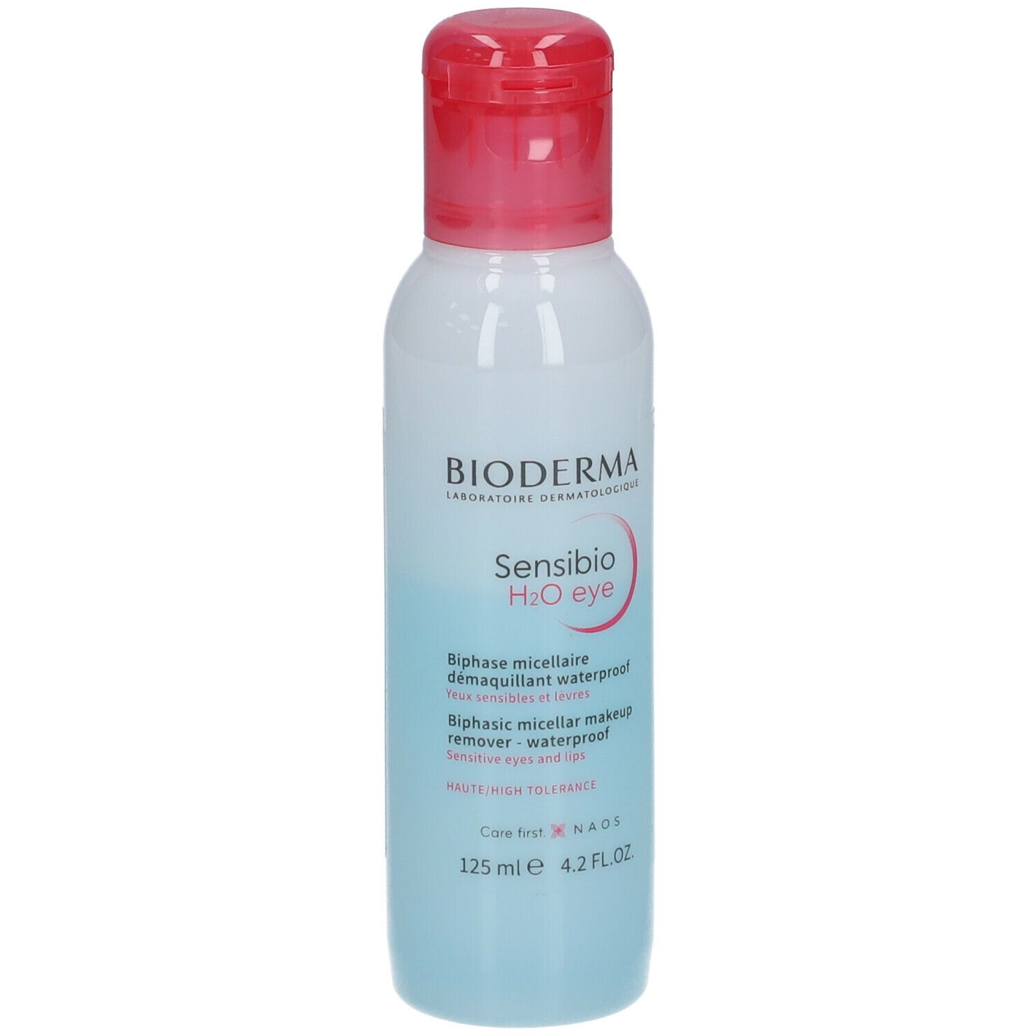 Bioderma Sensibio H2O eye. Fles met rode dop. Blauwe en witte vloeistof. Tekst.