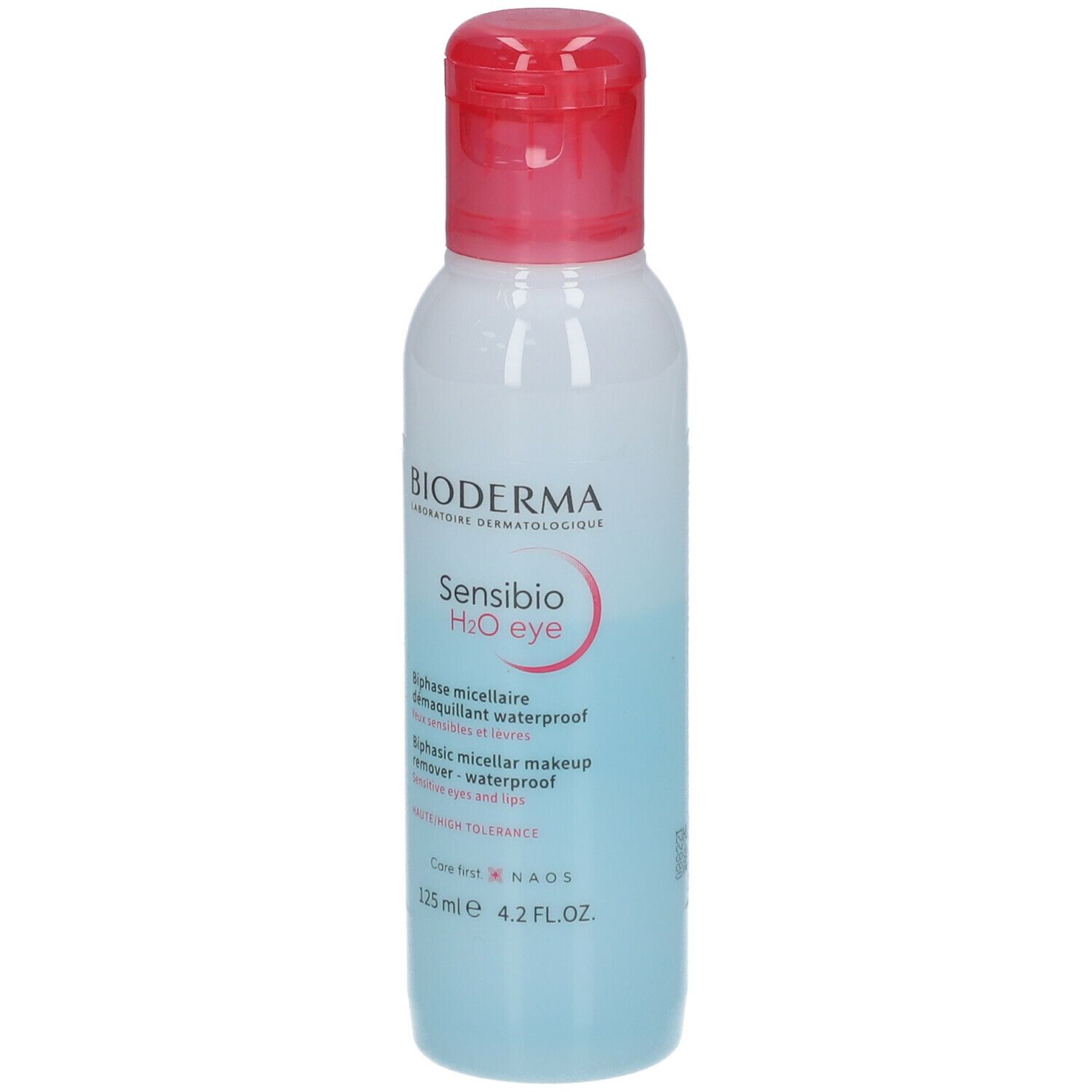 Bioderma Sensibio H2O eye. Fles met rode dop. Blauwe en witte vloeistof. Tekst.