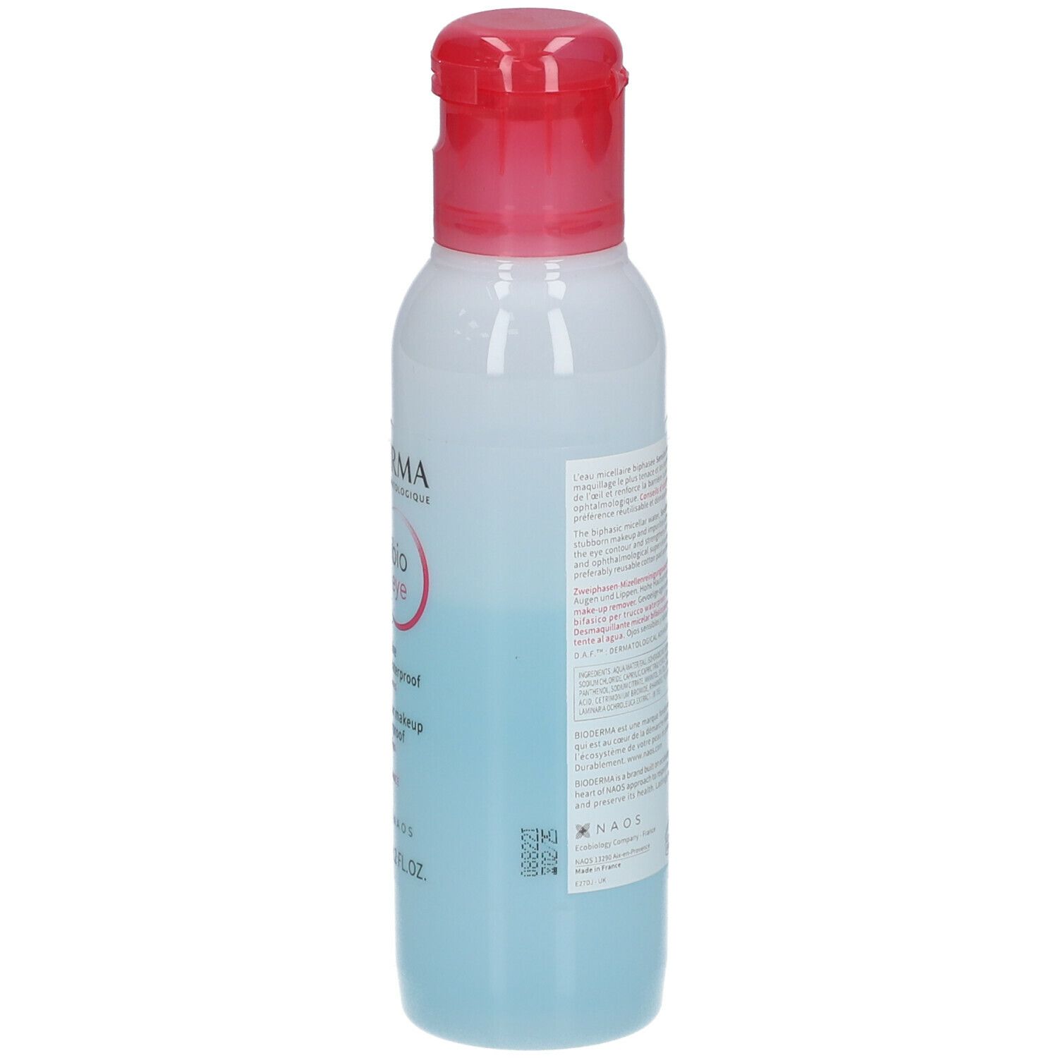 Bioderma Sensibio H2O eye. Fles met rode dop. Achterkant met tekst.