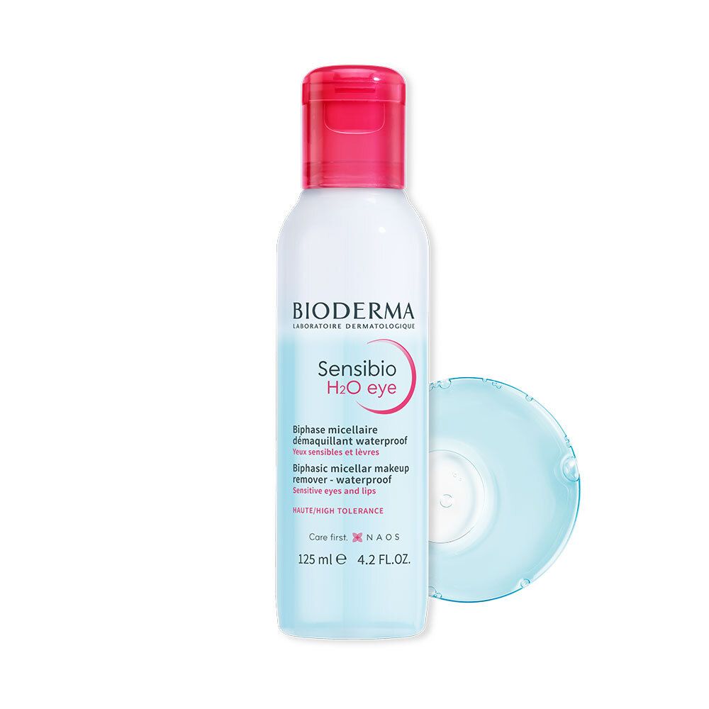 Bioderma Sensibio H2O eye. Fles met rode dop en contactlens.