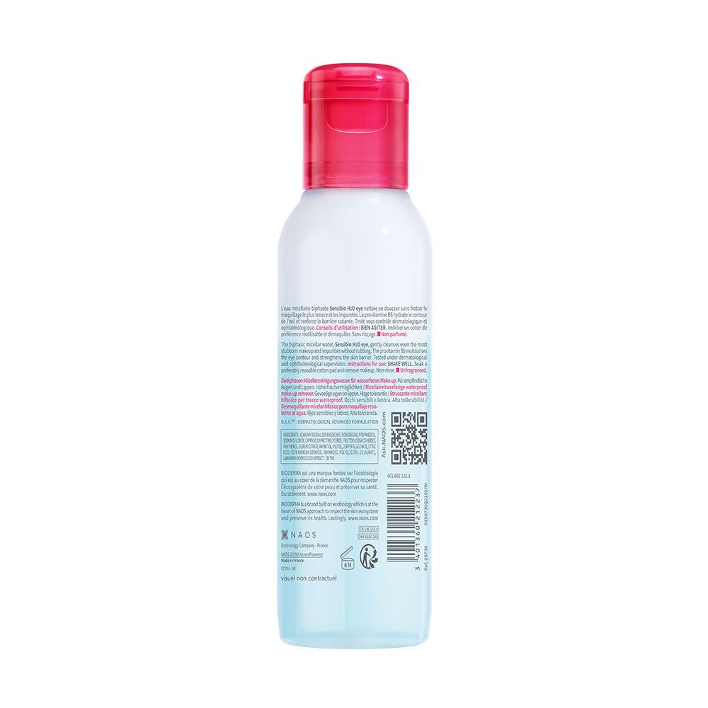 Bioderma Sensibio H2O eye. Fles met rode dop. Achterkant met tekst.