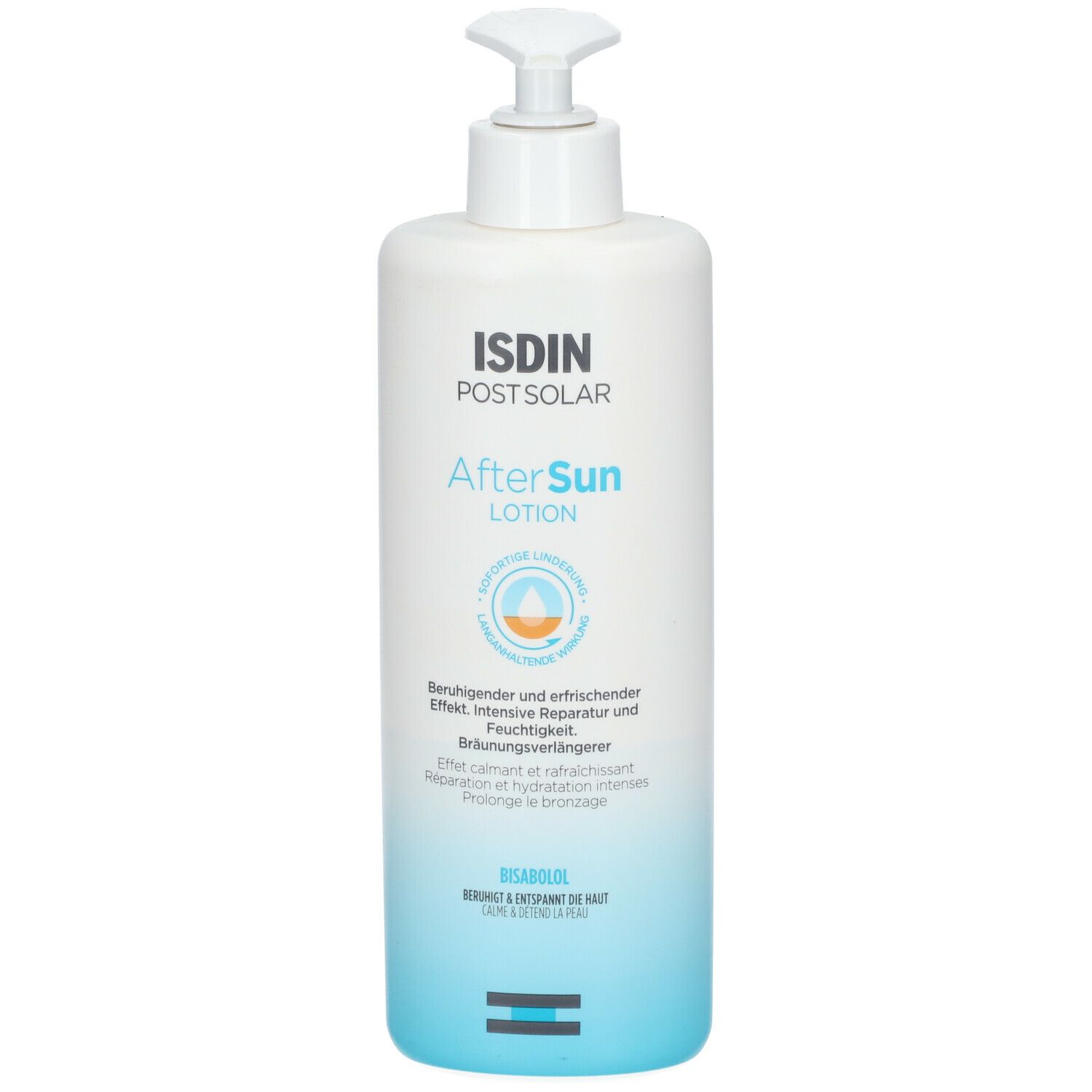 Flacon blanc avec pompe. ISDIN Post-Solar AfterSun Lotion. Dégradé bleu et blanc. Texte et logo sur le devant.