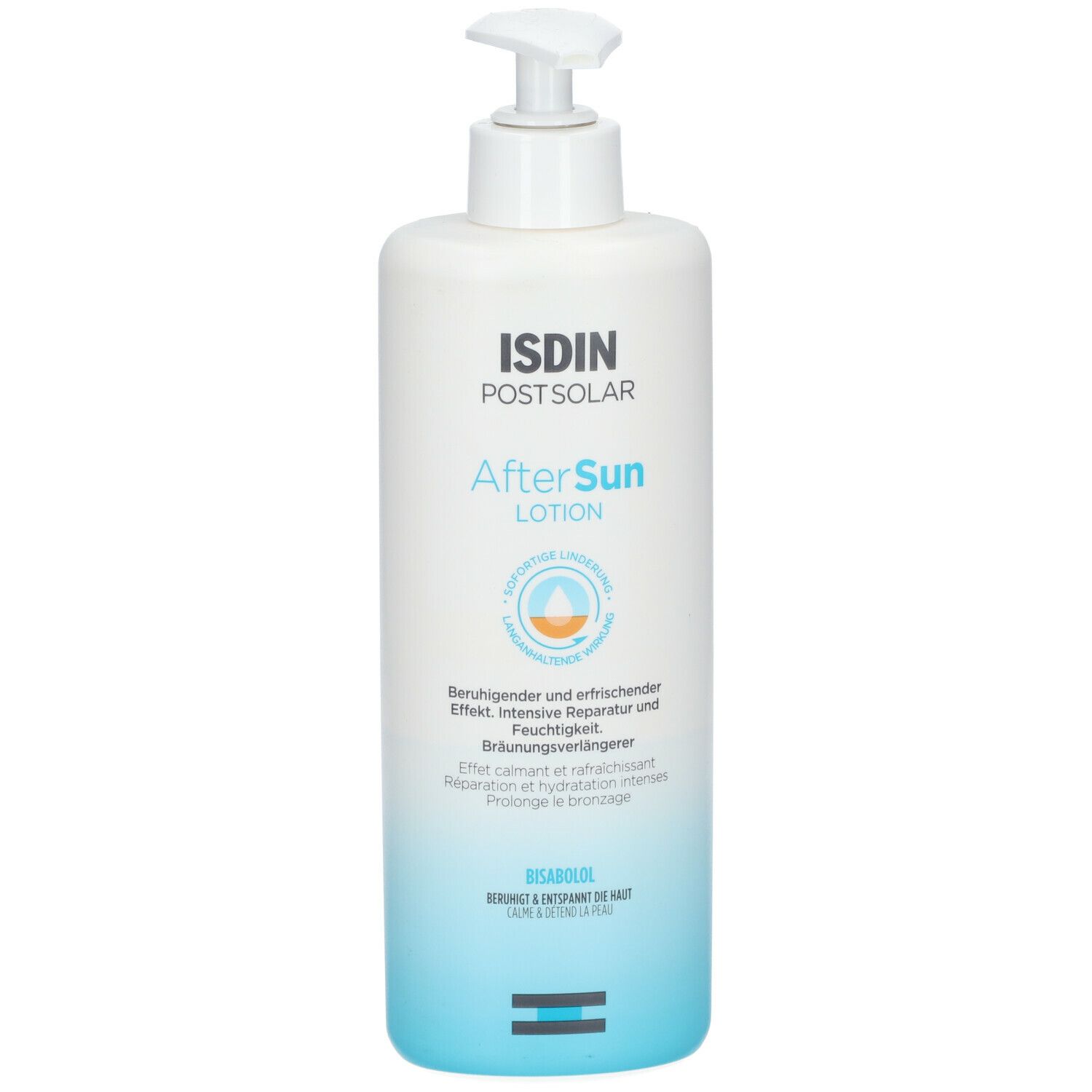 Flacon blanc avec pompe. ISDIN Post-Solar AfterSun Lotion. Dégradé bleu et blanc. Texte et logo sur le devant.