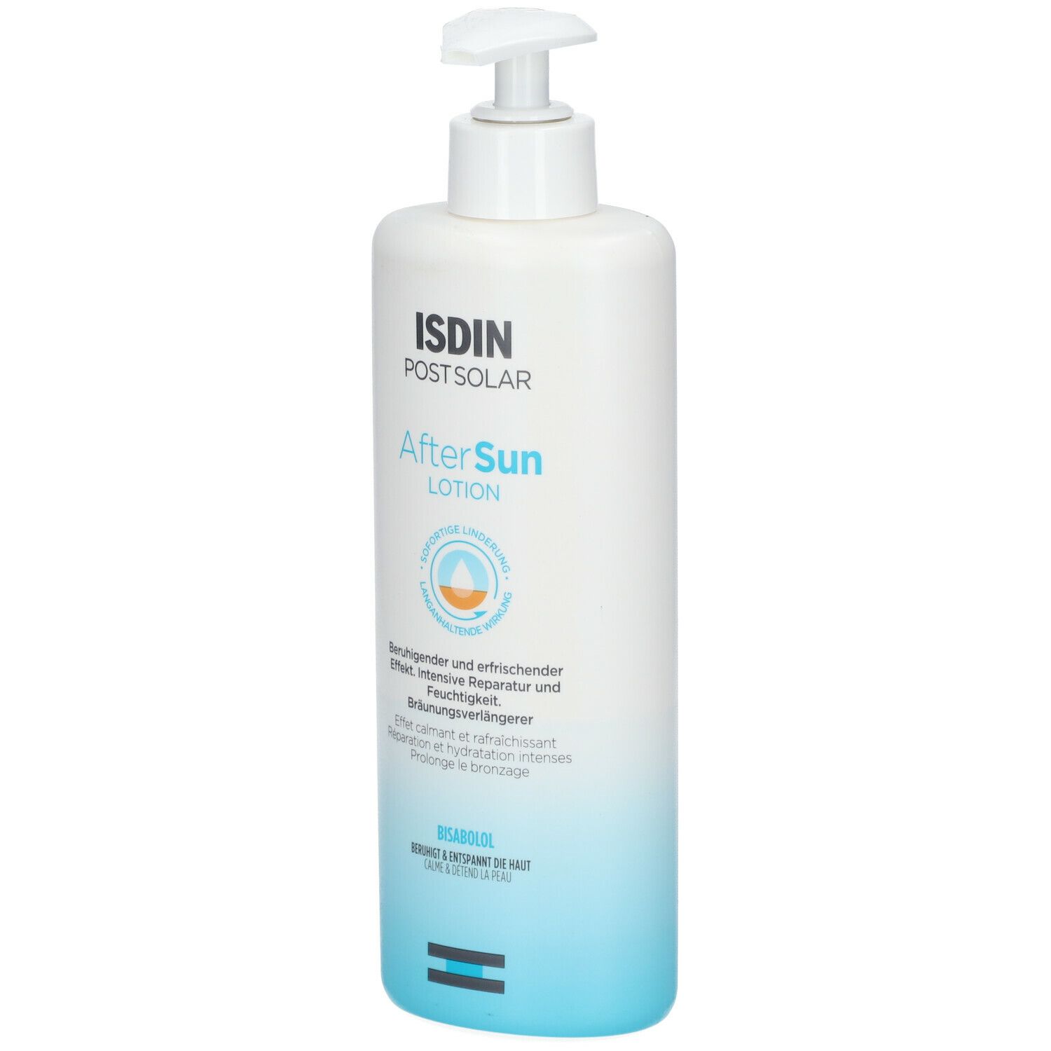 Flacon blanc avec pompe. ISDIN Post-Solar AfterSun Lotion. Dégradé bleu et blanc. Texte et logo sur le devant.