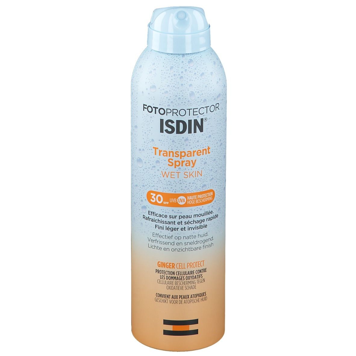 Flacon de spray solaire FOTOPROTECTOR ISDIN. Transparent Spray Wet Skin. SPF 30. Dégradé de couleurs orange et bleu clair.