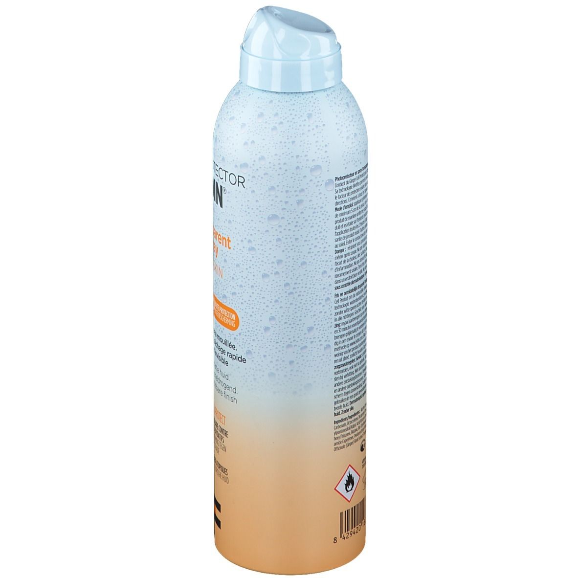 Flacon de spray solaire, vue latérale. FOTOPROTECTOR ISDIN. Transparent Spray Wet Skin. Bouchon bleu clair. Dégradé orange.