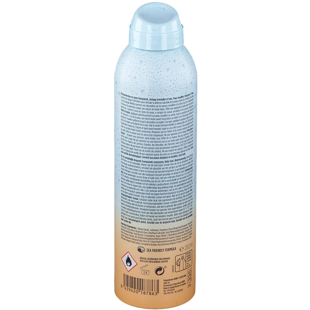 Dos du flacon de spray solaire. Informations textuelles. Bouchon bleu clair. Dégradé orange. Avertissement.